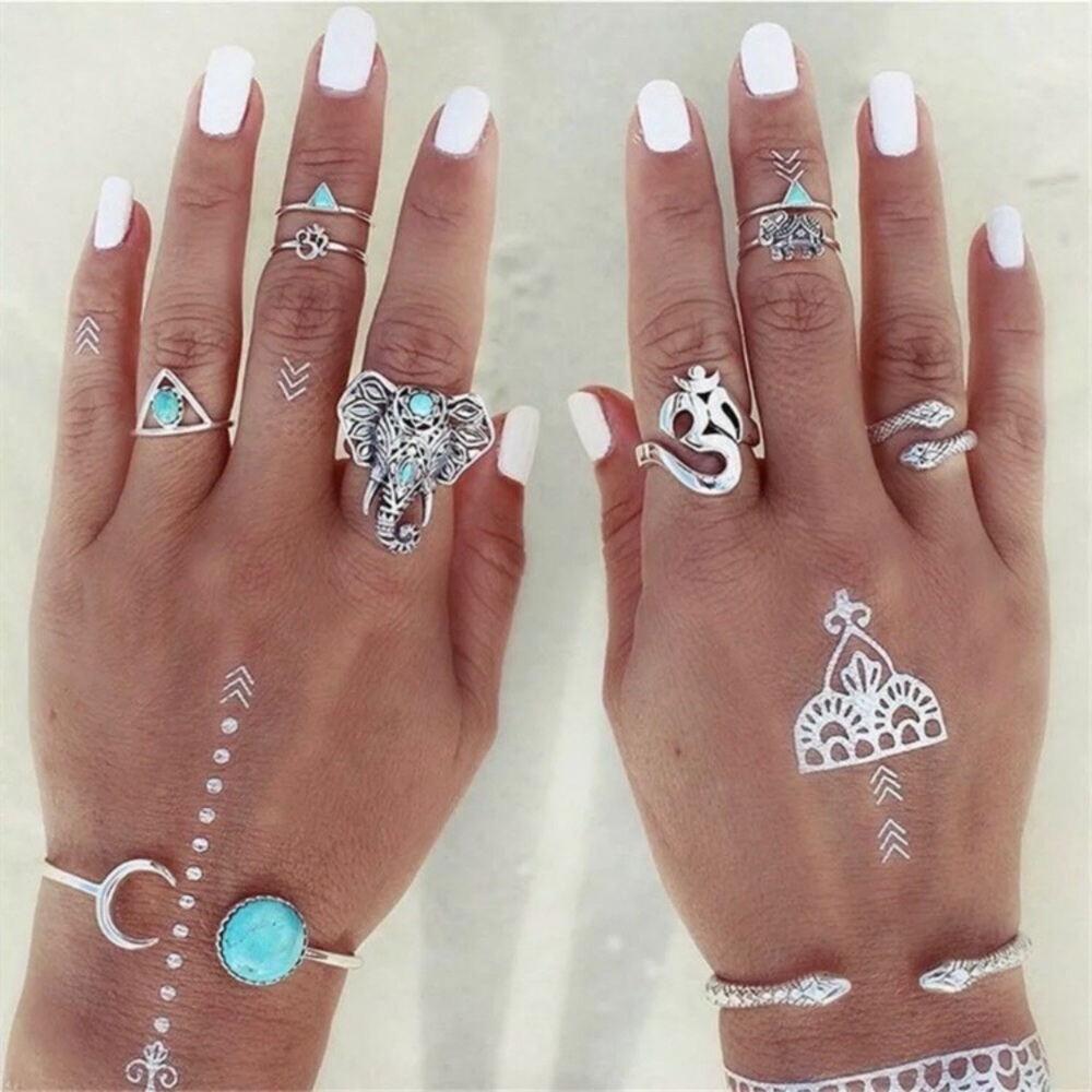 Gypsy 8 Piece Silver-toned & Turquoise Elephant Midi / Knuckle Ring Set New NIP